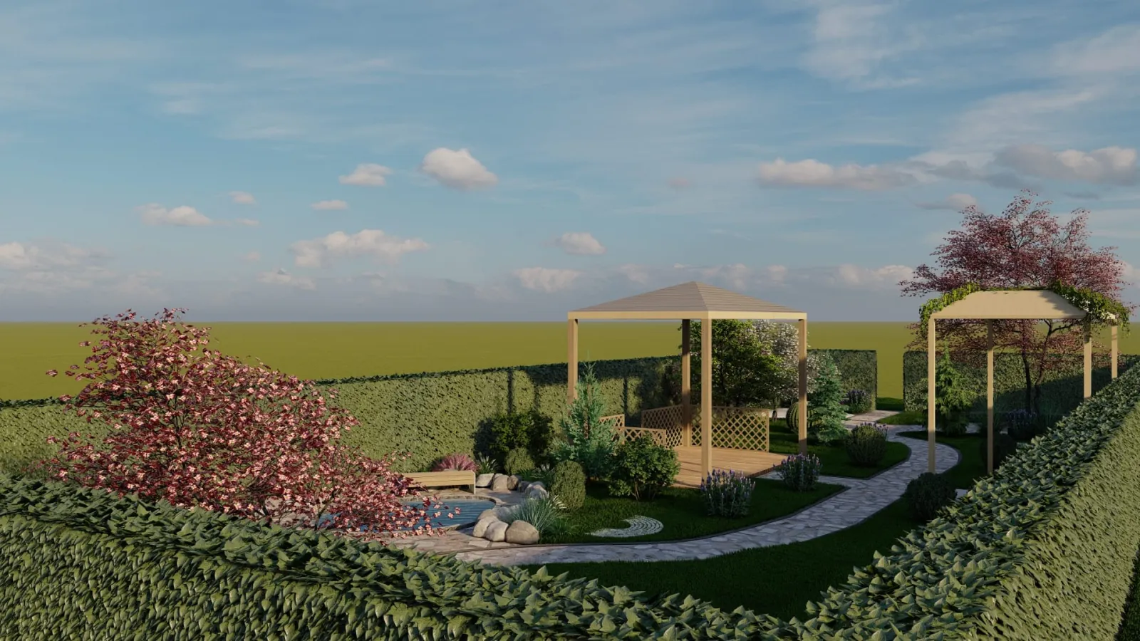 Široki 3D prikaz projekta vrta s pergolama