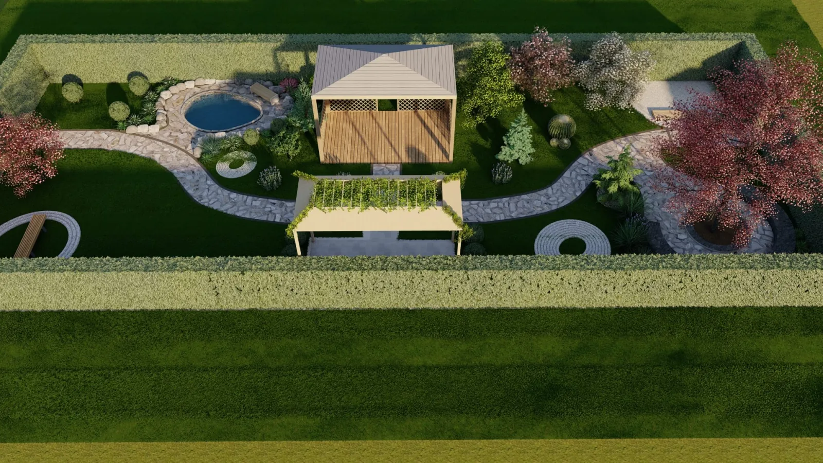 Uzdužni tlocrt projekta vrta s pergolama