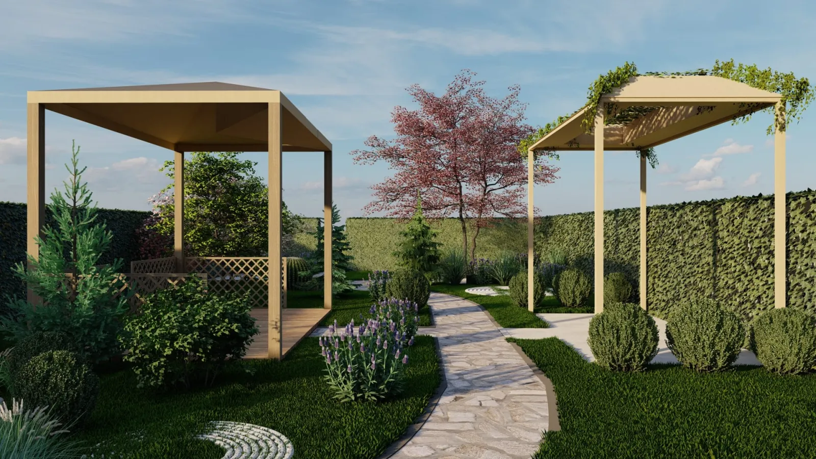 3D vizualizacija vrtne staze između dviju pergola