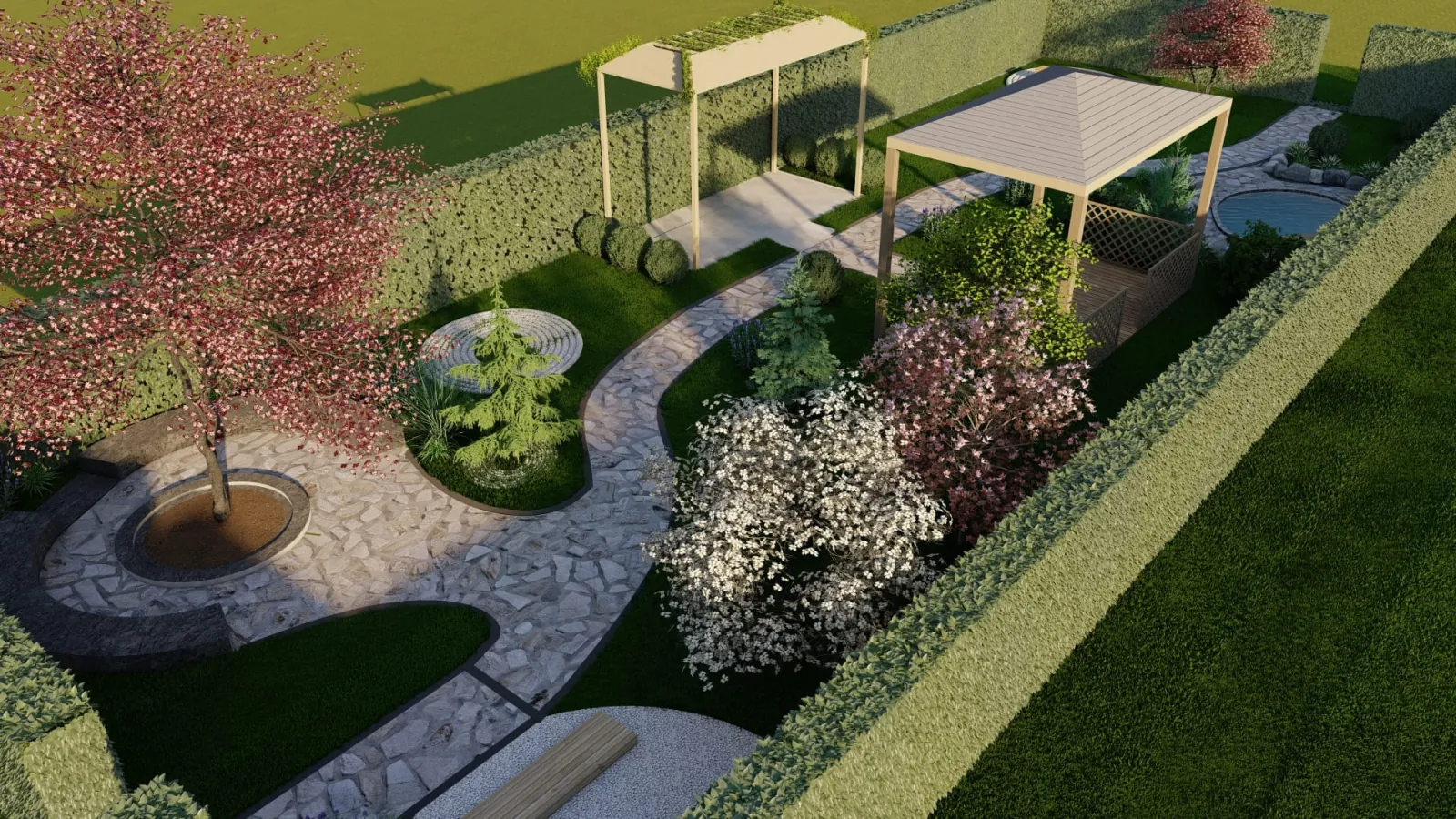 Pregled rasporeda sadnje, staza i pergola u 3D projektu