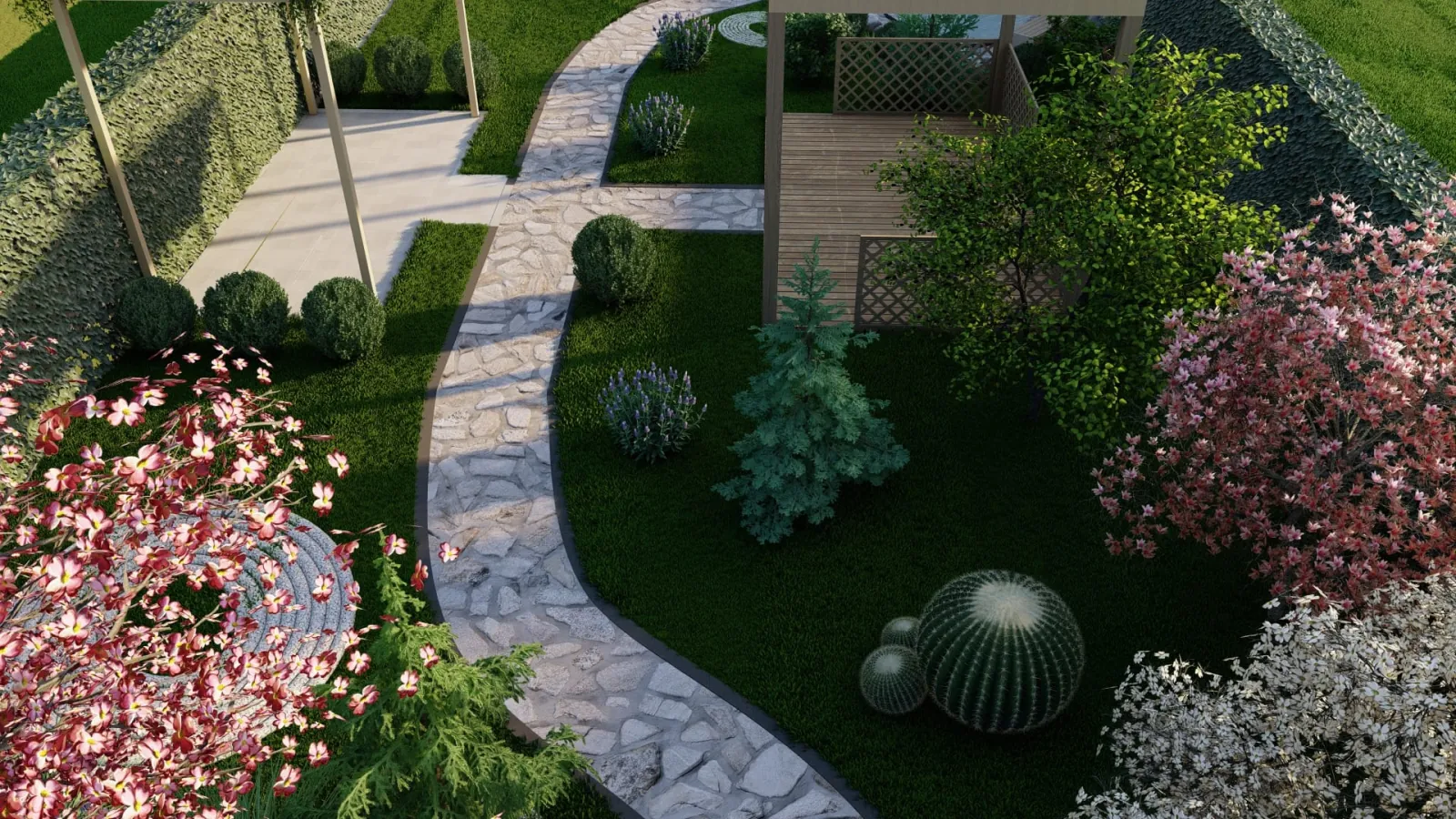 Detalj sadnje i kružne staze u 3D projektu vrta
